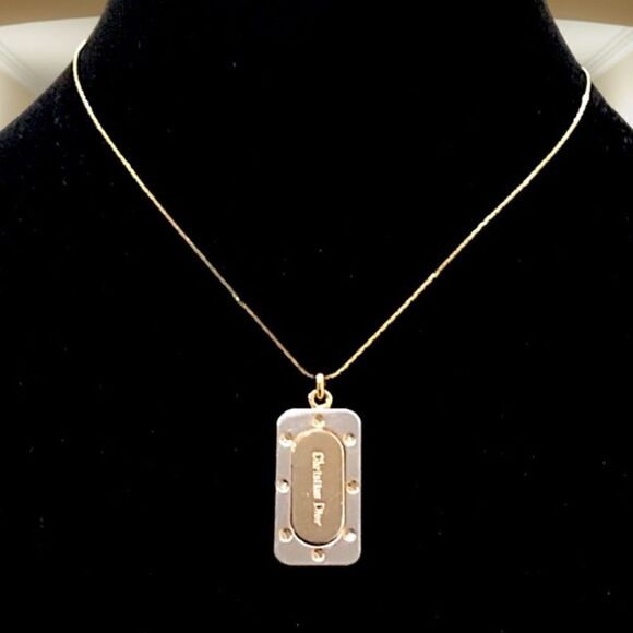 CHRISTIAN DIOR VINTAGE TWO TONE DOG TAG PENDANT NECKLACE - Picture 1 of 4